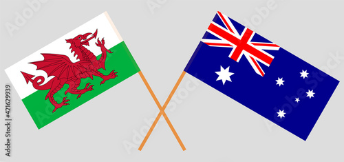 Crossed flags of Australia and Wales. Official colors. Correct proportion