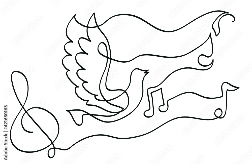 One line drawing of bird singing with music notes. One continuous line ...