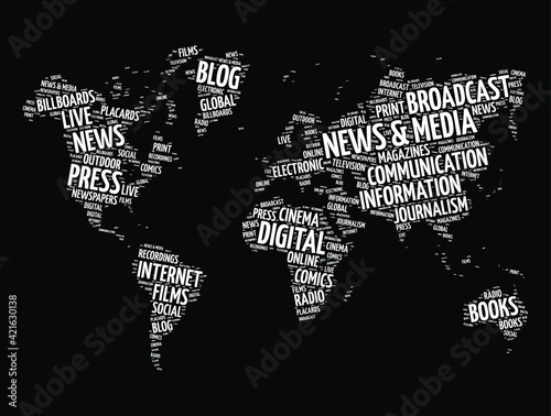 News and media word cloud in shape of world map, concept background