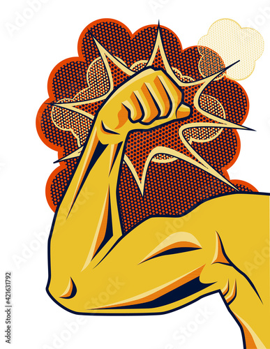 Arm Bent Energy Symbol Muscular Arm. Energy of Sports and Fitness. Image For Gym Or Sports Poster Or Tshirt Print. Sports nutrition. Pop Art Style.
