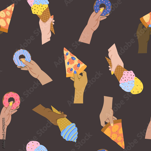Seamless pattern with fast food. Hands holding fast junk food. Ice cream, slices of pizza, donuts. International No Diet Day. Unhealthy lifestyle habits and obesity and bad health concept.