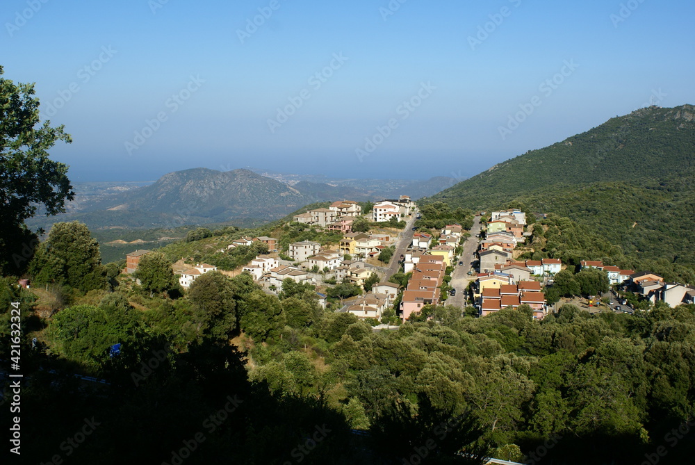 Panoramic view of the village of Osini in Sardinia, Italy