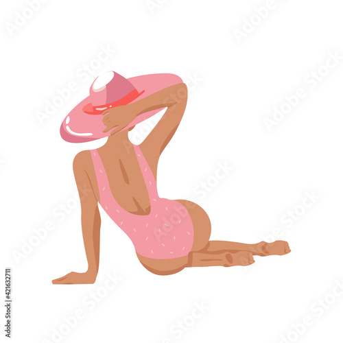 Illustration of an attractive girl back with hat and in a pink swimsuit. The concept of rest, summer and relaxation