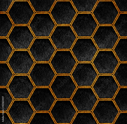 Gold and black geometric hexagon grid pattern art deco Background. Artistic pencil texture line style. Honeycomb dark repeat design