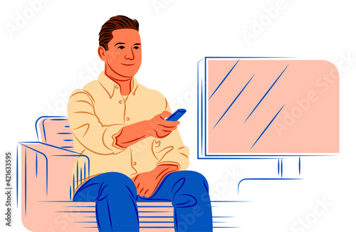 Vector man watching tv in shadow of sharp lines style