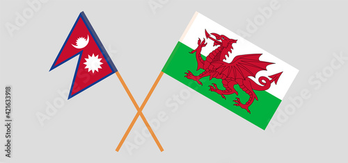 Crossed flags of Nepal and Wales. Official colors. Correct proportion