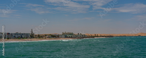 Panorama view from the jetty to Swakopmund city over the Ocean, Namibia, Africa