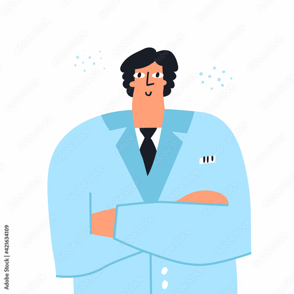 Smiling male doctor cartoon character wearing a lab coat and tie isolated on white. Friendly physician standing with arms crossed. Professional therapist vector design. Medical worker doodle drawing Smiling male doctor cartoon character wearing a lab coat and tie isolated on white. Friendly physician standing with arms crossed. Professional therapist vector design. Medical worker doodle drawing
