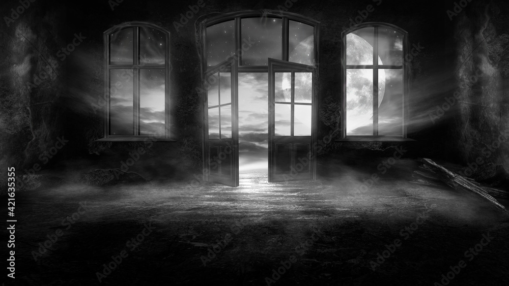 Dark scary fantasy room with windows and doors. Big moon, night sky view, rays of moonlight. Old concrete walls and old windows. reflection of light on the floor, neon light. 3D illustration. 