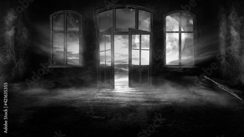 Dark scary fantasy room with windows and doors. Big moon, night sky view, rays of moonlight. Old concrete walls and old windows. reflection of light on the floor, neon light. 3D illustration. 