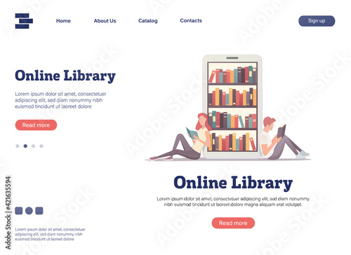 Online book store landing page design. Reading book concept. Colored flat vector illustration.