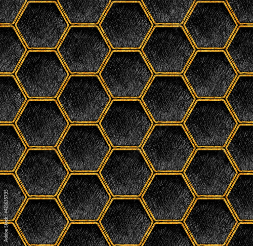 Gold and black geometric hexagon grid pattern art deco Background. Artistic pencil texture line style. Honeycomb dark repeat design