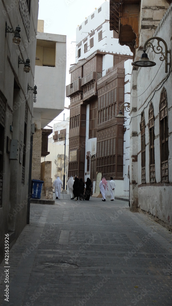 Jeddah, Saudi Arabia - 10 January 2020: Traditional houses in Al Balad, UNESCO World Heritage