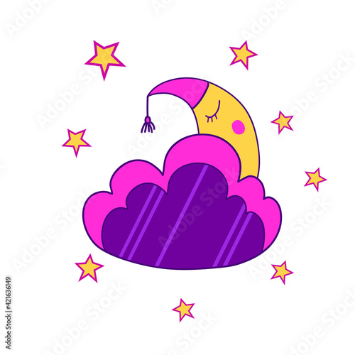 Vector illustration has a sleeping month behind a cloud. This cartoon character has eyes and nightcap. There is purple, yellow and hot pink. For design and prints