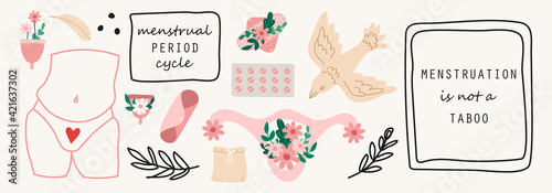 Set of hand drawn elements of women menstruation period theme, feminine hygiene products as pads, menstrual cups, etc.