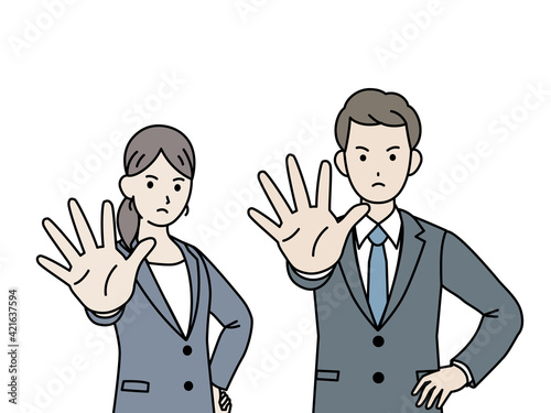会社員　スーツ姿　男女　NO　断る　拒否するポーズ　上半身　イラスト素材