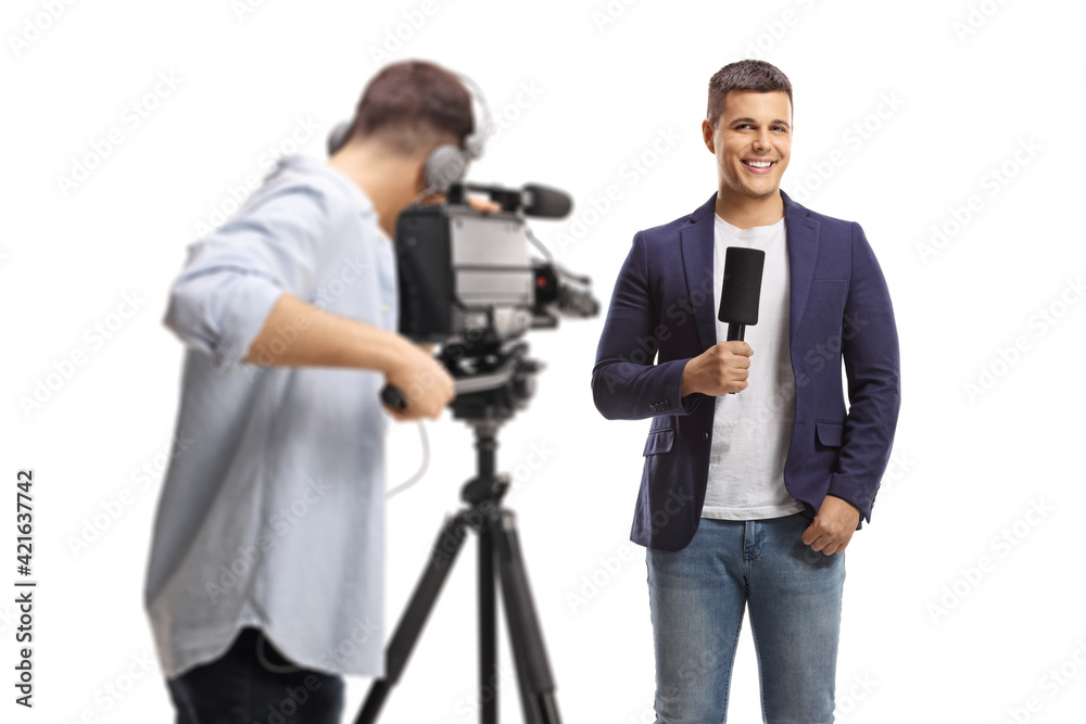 Back view of a cameraman recording a male reporter