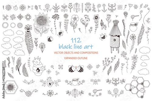 Honey bees isolated vector set. Cute bee cartoon collection. Funny illustrations, cartoon line art style icons. Beekeeping clip art objects, graphic elements. beehives, flowers, honeycombs