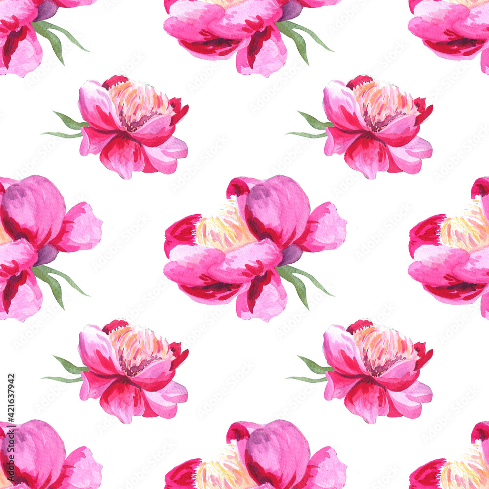 Watercolor pink peony. Seamless pattern. Botanical art. 