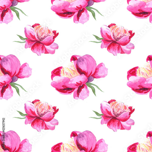 Watercolor pink peony. Seamless pattern. Botanical art. 