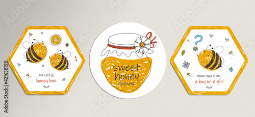 Honey bee backgrounds, cute greeting cards, sweet posters prints. Love messages for baby, sweet home. Vector illustration templates
