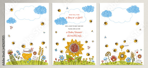 Bee Baby Shower invitation templates set. Flower backgrounds collection with space for your text. Vector cute illustration