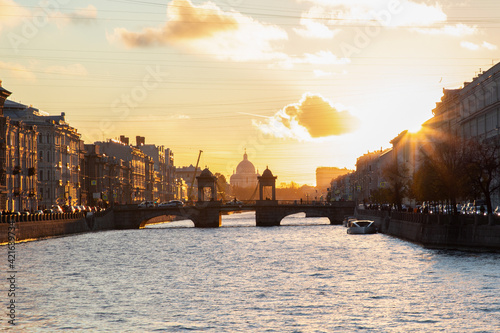 Very beautiful sunset on the Fontanka river in the city of St. Petersburg Russia. photo