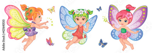 A little girl. Cute small fairy. Beautiful Elf princess. Set butterflies with colorful wings on white background. Toy or doll. Children's isolated illustration for print or sticker. Wonderland. Vector
