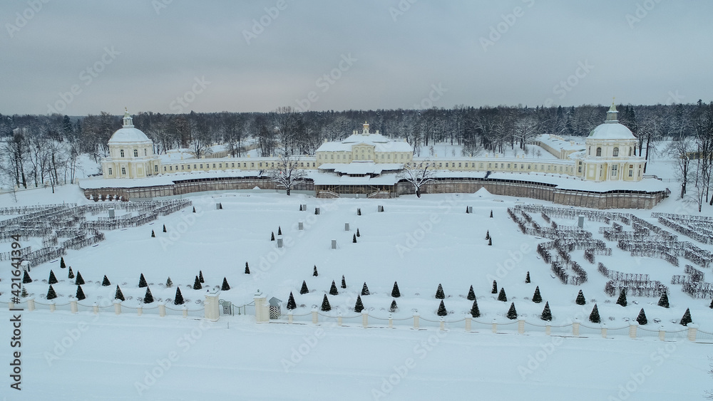 Panoramic view from a height of the Great Menshikov Palace in Lomonosov, the lower garden In winter. Oranienbaum. Russia, St. Petersburg, 03.03.2021