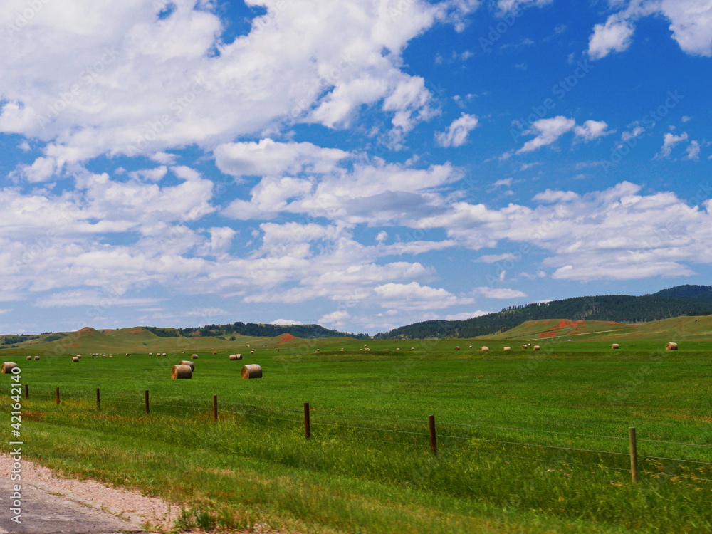 Rolling hills and farmlands along the road in Wyoming, USA.