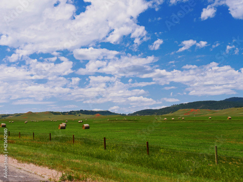 Rolling hills and farmlands along the road in Wyoming, USA. © raksyBH
