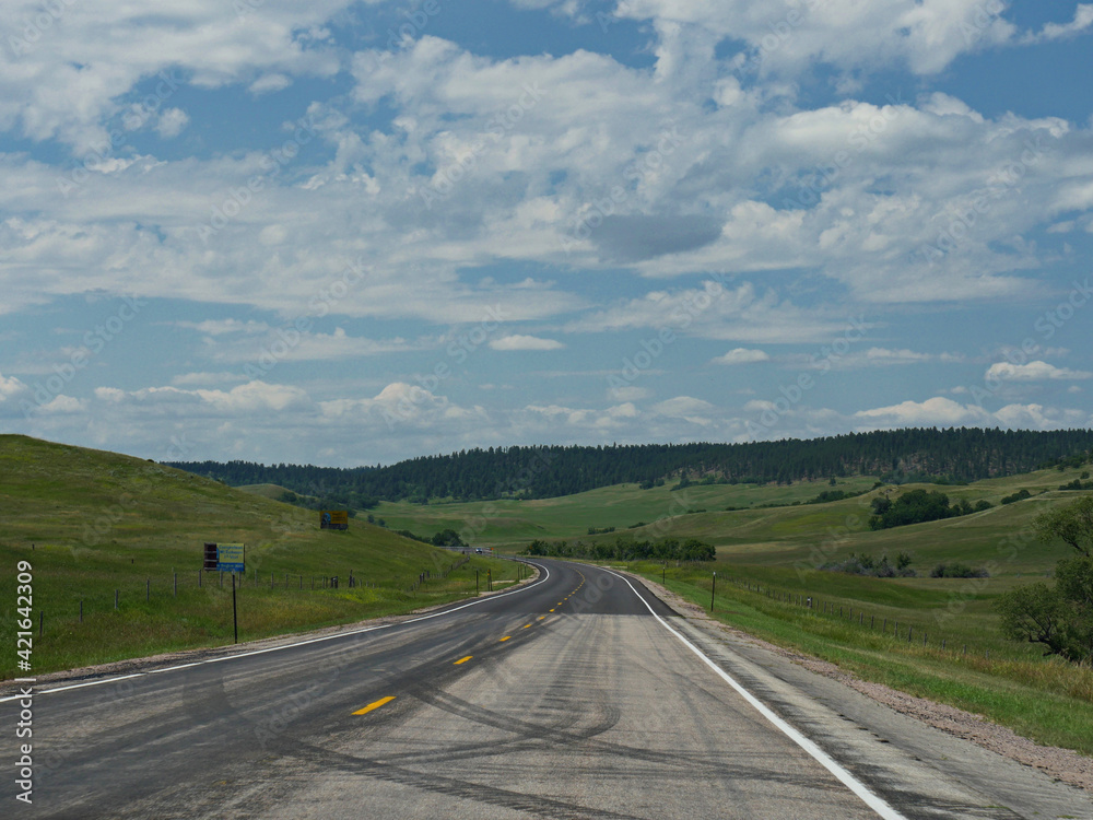 Wyoming landscape with tire marks on the paved highway . Wyoming landscape with tire marks on the paved highway .