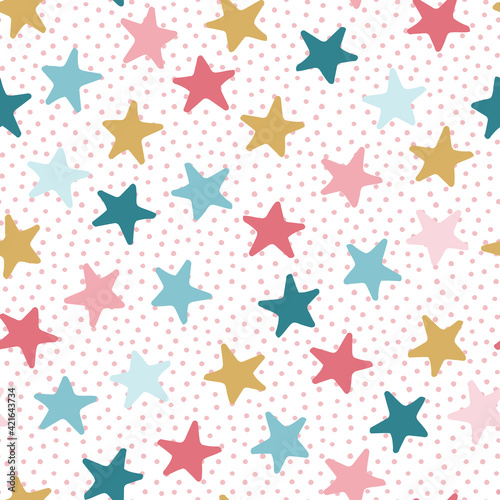 Colorful Stars and Polka Dots Seamless Vector Pattern Background
