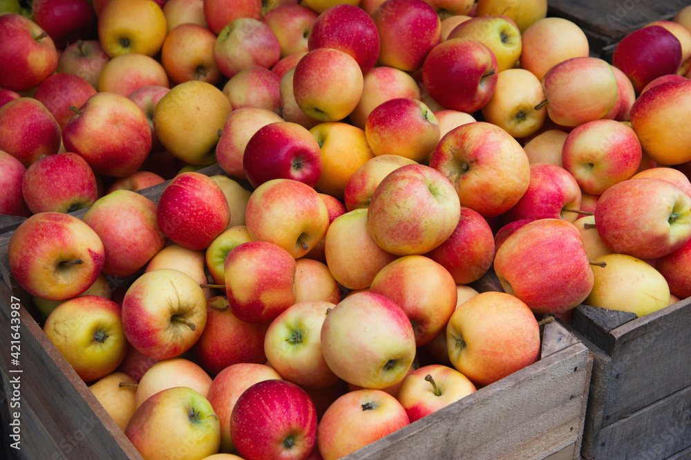 Piles of apples in crates on market stall Piles of apples in crates on market stall