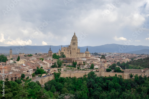 Wide shot of Spanish city Toledo with surrounding wall