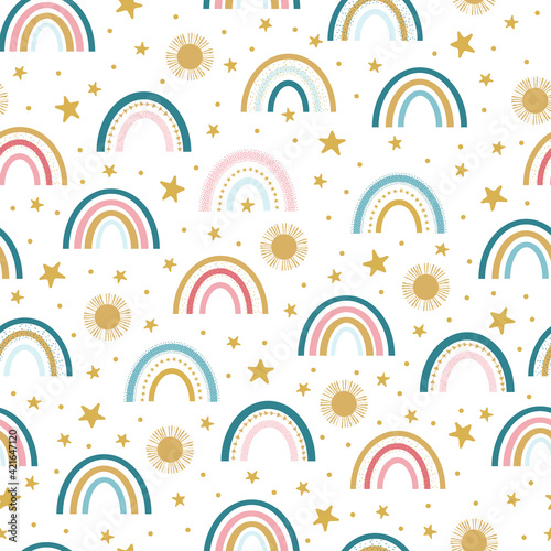Colorful Rainbow, Stars, and Suns Seamless Pattern Background