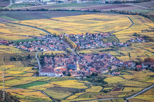 Picturesque French landscape - aerial view Alsatian plain from the Haut-Koenigsbourg Castle. Valley, small towns and mountains in the background in the Bas-Rhin departement of Alsace, France.