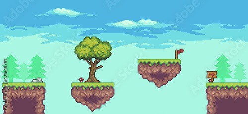 Pixel art arcade game scene with floating platform, trees, board, clouds,  and flag 8bit background