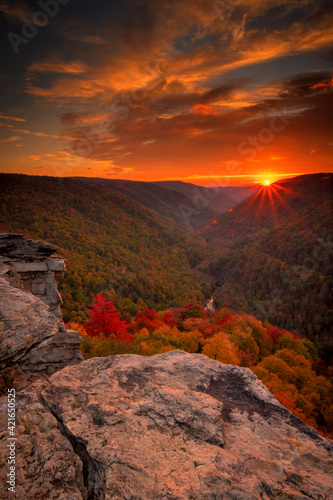 Fototapeta Naklejka Na Ścianę i Meble -  USA, West Virginia, Blackwater Falls State Park. Sunset on mountain landscape.