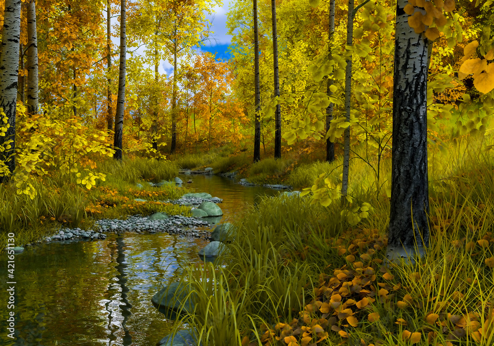 3 D rendering of small creek on fall
