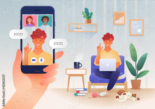 Virtual online communication via video call app between friends using smart devices illustration