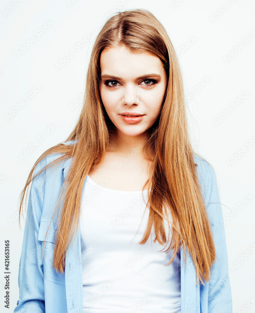 young pretty stylish blond hipster girl posing emotional isolated on white background happy smiling cool smile, lifestyle people concept young pretty stylish blond hipster girl posing emotional isolated on white background happy smiling cool smile, lifestyle people concept