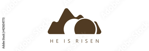 He is risen, the tomb of Christ on a light background. badge.