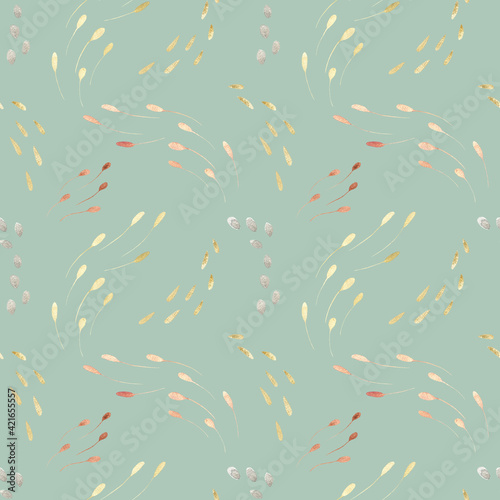 Seamless watercolor pattern with floral gold pollen, abstract gold swirls on a green background.