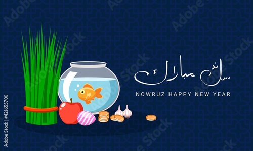 Vector illustration of a goldfish in a glass bowl, green grass, red apples, colored eggs and coins, as a symbol of the celebration of International Nowruz Day and Happy Nowruz.