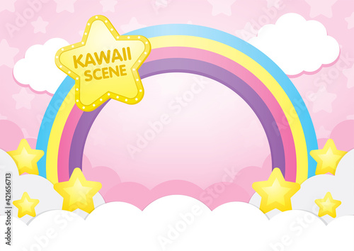 kawaii star light bulb signage on cute rainbow archway with yellow stars and fluffy cloud on pink background.