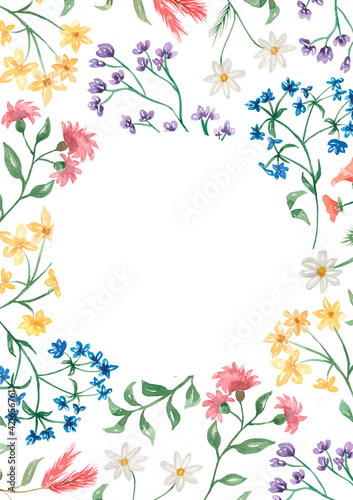 Hand drawn watercolor  wildflowers wreath illustration.Wildflower flowers frame clipart for wedding, birthday invitation. Floral bouquet. Meadow flowers. © MayaNavits