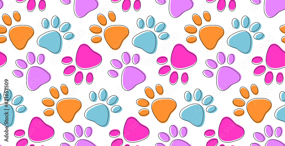 Fototapeta premium Cute seamless pattern with colorful pets paws. Cat or dog footprint outline background. Animal backdrop for pet shops, product packing, greeting card, vet clinic, children textile.