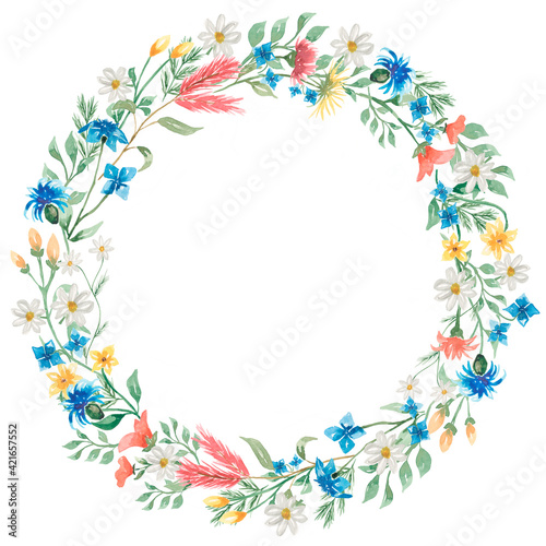 Hand drawn watercolor wildflowers wreath illustration.Wildflower flowers frame clipart for wedding, birthday invitation. Floral bouquet. Meadow flowers.