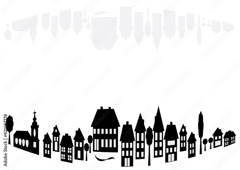 Banners with arched village silhouettes of architectural buildings with empty space for your text. Black and white illustration of houses with gray mirroring.
